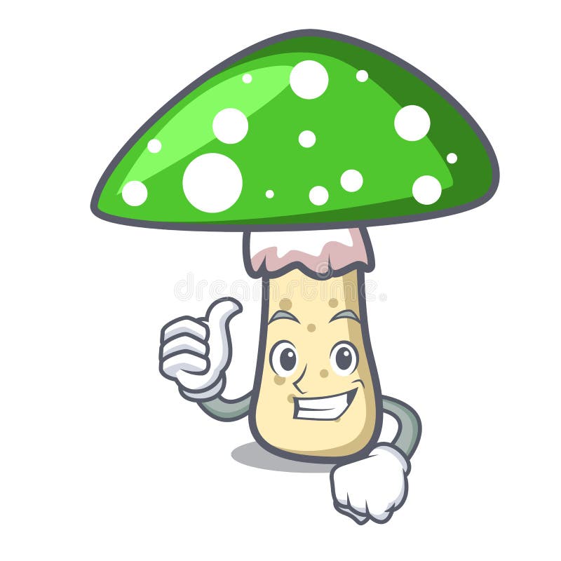 Thumbs up green amanita mushroom character cartoon vector illustration