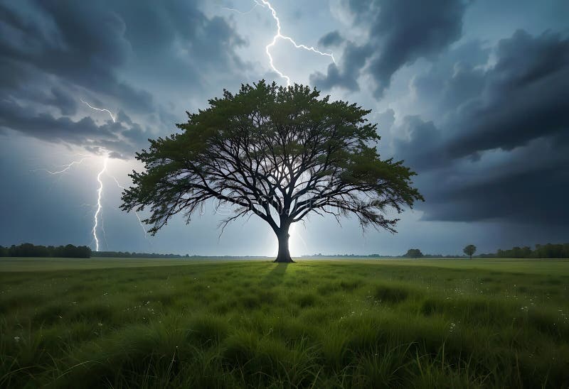 Thunder Bolt Lightning strikes on a Tree in a open field during a dramatic storm with dark clouds royalty free illustration