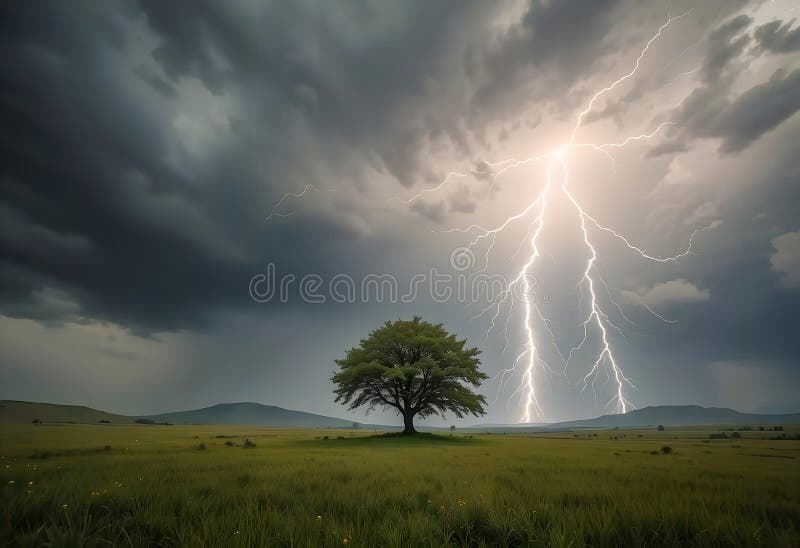 Thunder Bolt Lightning strikes on a Tree in a open field during a dramatic storm with dark clouds vector illustration