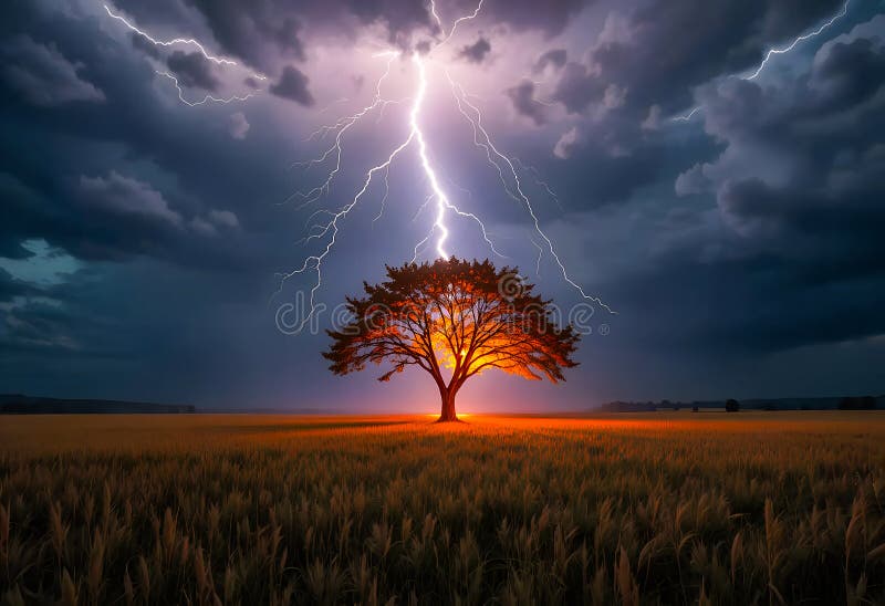 Thunder Bolt Lightning strikes on a Tree in a open field during a dramatic storm with dark clouds stock illustration