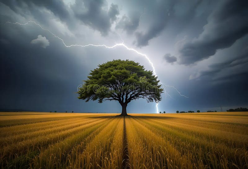 Thunder Bolt Lightning strikes on a Tree in a open field during a dramatic storm with dark clouds stock illustration