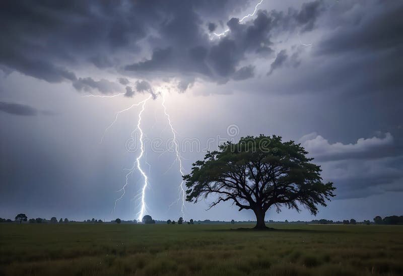 Thunder Bolt Lightning strikes on a Tree in a open field during a dramatic storm with dark clouds royalty free illustration