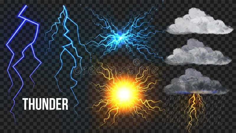 Thunder, Lightnigs Set Vector. Bolt, Night Sky Magic Bright Sparkle Effect. Fireball, Rain, Cloudy. Bad Weather