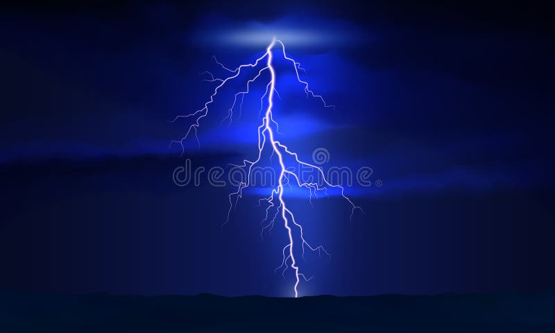Thunder lightning. Dramatic thunderstorm with bright lightning against dark cloudy ominous sky. Dark blue nature thunderstorm vector illustration
