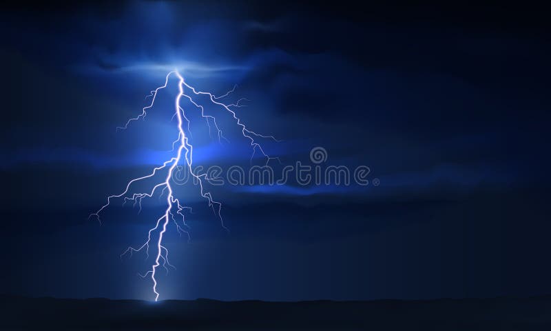 Thunder lightning. Dramatic thunderstorm with bright lightning against dark cloudy ominous sky. Dark blue nature thunderstorm stock illustration