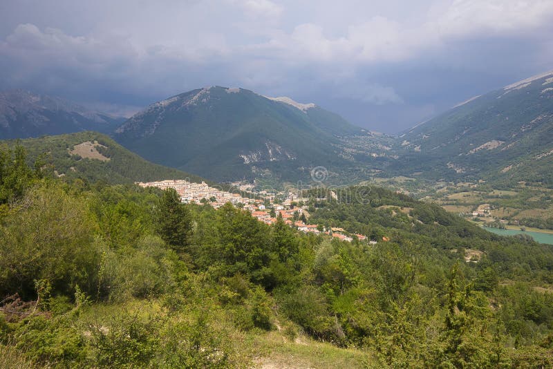 Thunderclouds over Civitella Alfedena at Lago di Barrea in the Abruzzo, Lazio and Molise National Park in Italy. stock photography Thunderclouds over Civitella Alfedena at Lago di Barrea in the Abruzzo, Lazio and Molise National Park in Italy. stock photography