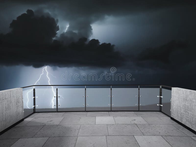 Thunderstorm on the beautiful balcony. Balcony view of sky with thunder. Landscape. Night. Terrace with a beautiful view of storm royalty free illustration.