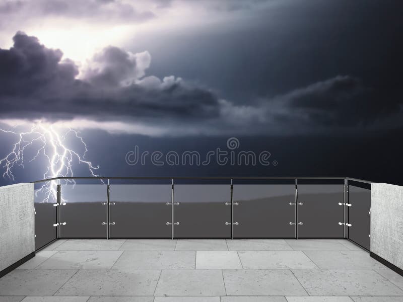 Thunderstorm on the beautiful balcony. Balcony view of sky with thunder. Landscape. Night. Terrace with a beautiful view of storm royalty free illustration.