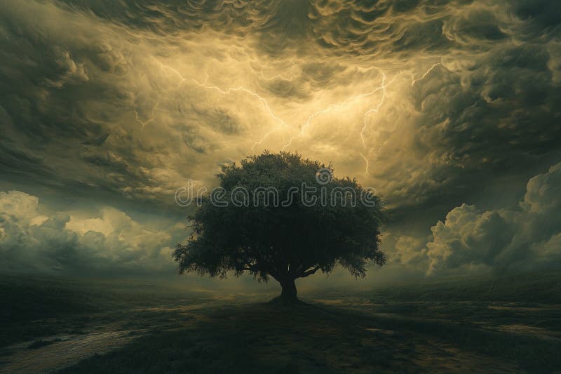 Thunderstorm, tree, heavy rain and lightning, surrounding area, wide angle view stock illustration