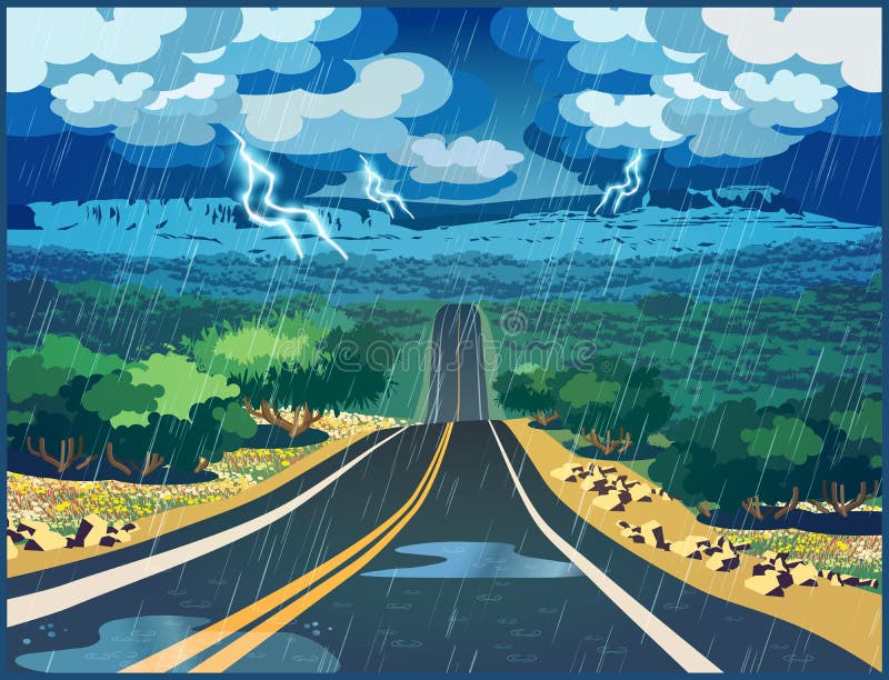 Thunderstorm in the valley stock illustration