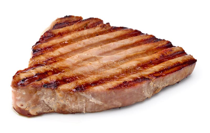 Thunfischsteaks, gegrillt, auf weißem Grund isoliert. Abklingweg stock abbildung