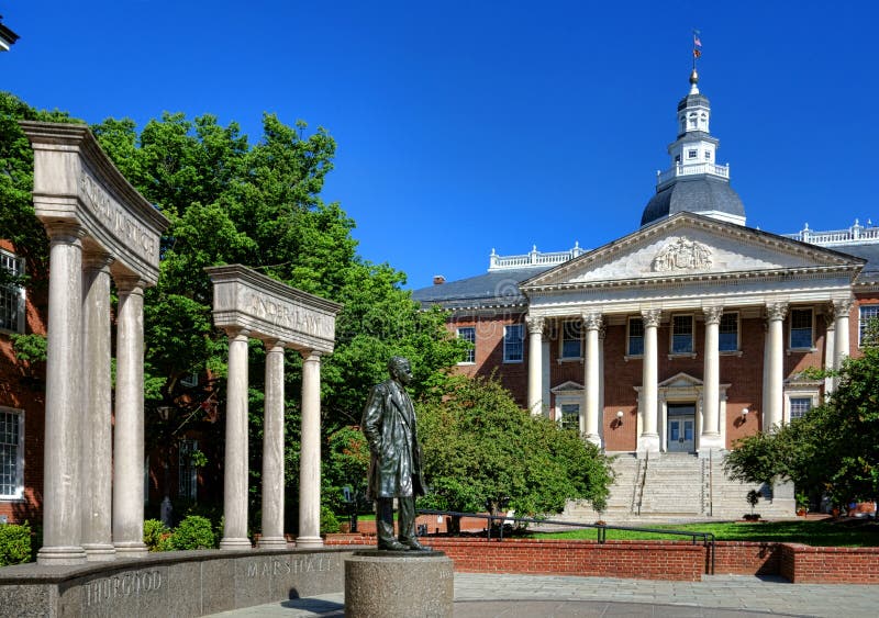 Thurgood Marshall Memorial at Maryland State House. United States Supreme Court first African-American justice Thurgood Marshall bronze memorial statue with stock photo Thurgood Marshall Memorial at Maryland State House. United States Supreme Court first African-American justice Thurgood Marshall bronze memorial statue with stock photo
