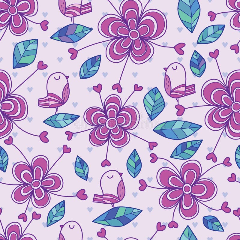 This illustration is design and drawing bird with flower and loves decoration in seamless pattern purple color background. This illustration is design and drawing bird with flower and loves decoration in seamless pattern purple color background.