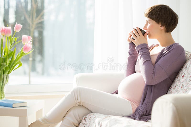 Thé potable de femme enceinte images libres de droits Thé potable de femme enceinte images libres de droits