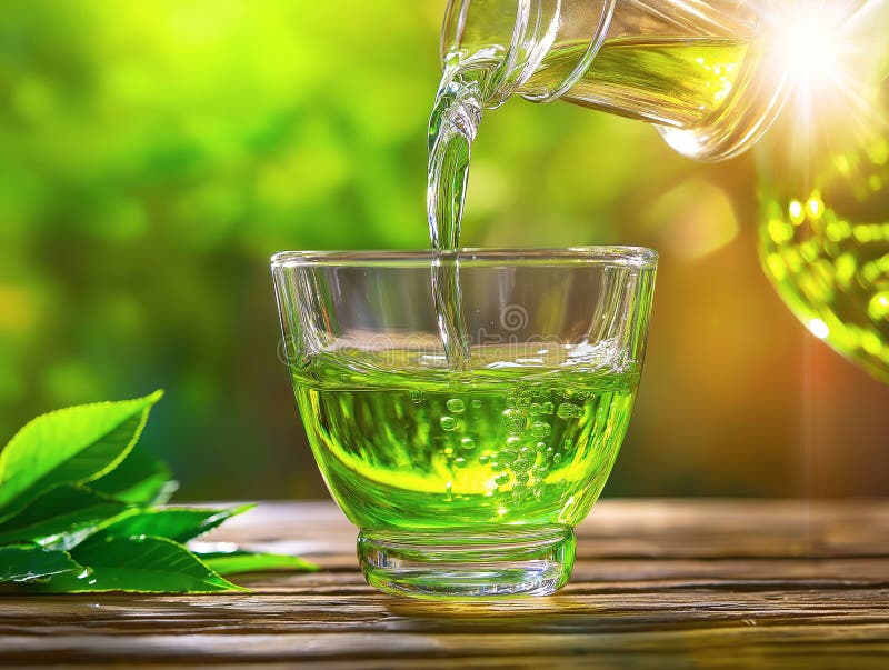 Thé vert rafraîchissant versé dans un verre au soleil brillant avec des feuilles vertes à proximité illustration stock