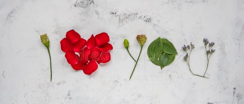 Ti amo - fatto dei fiori, dei petali e delle foglie fotografie stock Ti amo - fatto dei fiori, dei petali e delle foglie fotografie stock
