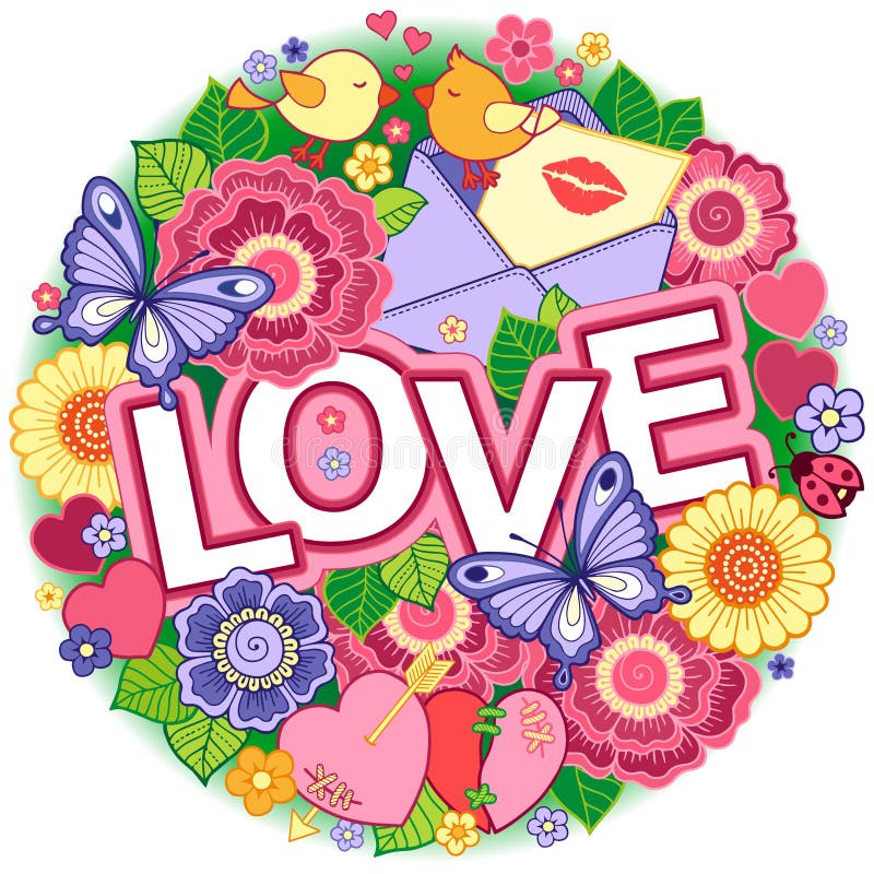 Ti amo Fondo astratto rotondo fatto dei fiori, delle tazze, delle farfalle e degli uccelli royalty illustrazione gratis Ti amo Fondo astratto rotondo fatto dei fiori, delle tazze, delle farfalle e degli uccelli royalty illustrazione gratis