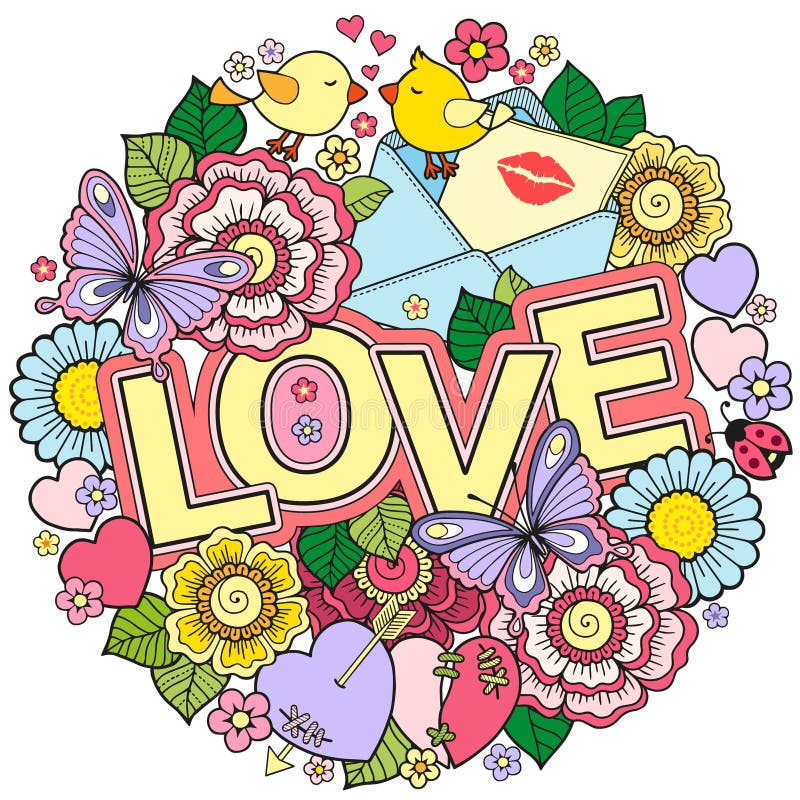 Ti amo Fondo astratto rotondo fatto dei fiori, delle tazze, delle farfalle e degli uccelli royalty illustrazione gratis Ti amo Fondo astratto rotondo fatto dei fiori, delle tazze, delle farfalle e degli uccelli royalty illustrazione gratis