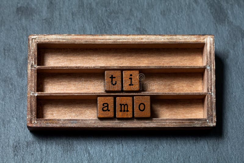 Ti amo Я тебя люблю написанный в итальянском переводе Винтажная коробка, деревянная фраза кубов с письмами старого стиля серый ка стоковые изображения rf Ti amo Я тебя люблю написанный в итальянском переводе Винтажная коробка, деревянная фраза кубов с письмами старого стиля серый ка стоковые изображения rf