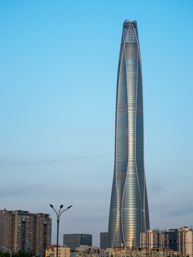 TIANJIN, CHINA - 5 OCT 2019 - The Tianjin CTF Finance Centre at Tianjin Binhai New Area. Copy space on left stock image TIANJIN, CHINA - 5 OCT 2019 - The Tianjin CTF Finance Centre at Tianjin Binhai New Area. Copy space on left stock image