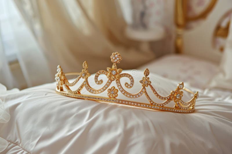 Tiara dorata su un cuscino in una stanza per ragazze. aizione generativa fotografia stock