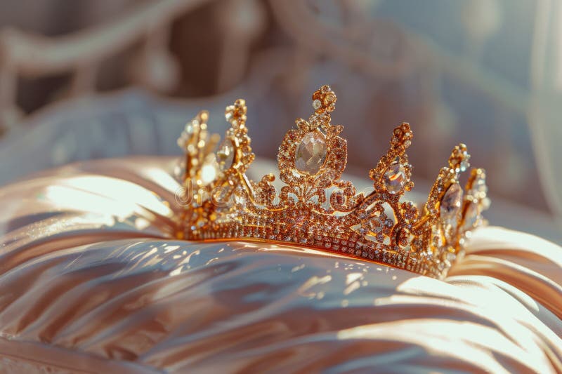 Tiara dorata su un cuscino in una stanza per ragazze. illustrazione generativa ai