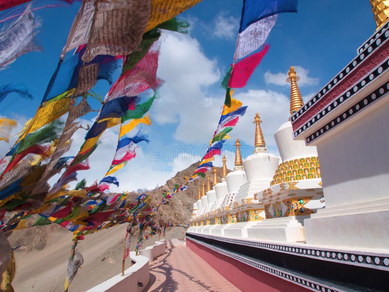Tibetan Flags and Stupa with the wind, Leh , India stock photos Tibetan Flags and Stupa with the wind, Leh , India stock photos