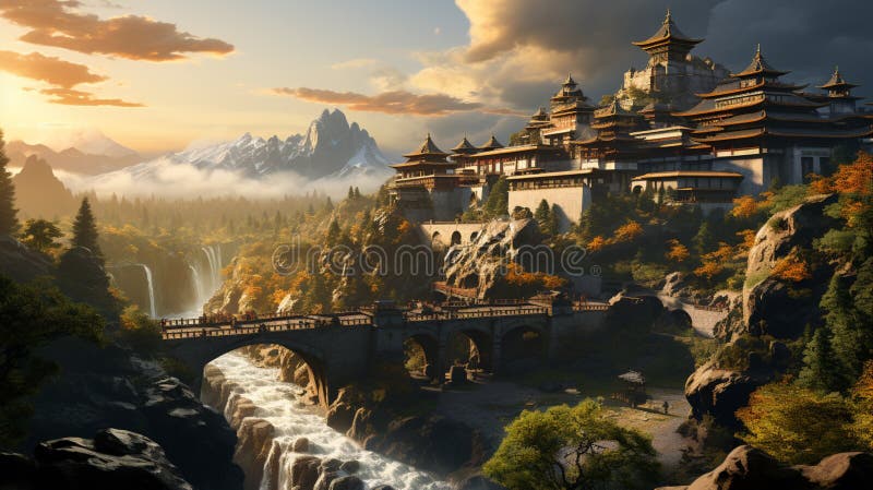 A Tibetan landscape with a monastery royalty free illustration