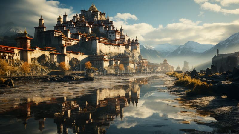 A Tibetan landscape with a monastery stock illustration