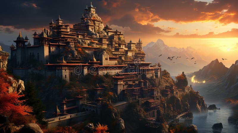 A Tibetan landscape with a monastery stock illustration
