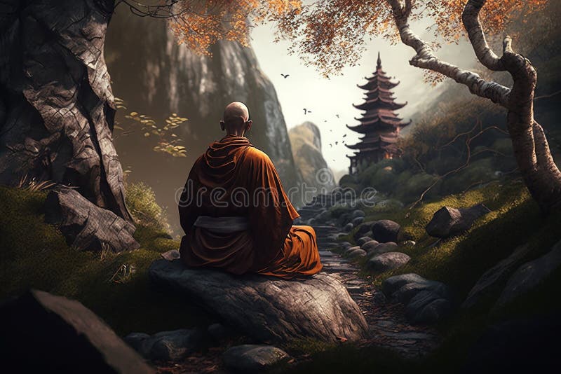 Tibetan Monk Sitting on a Stone Meditating in a Mountain Valley, Rear ...