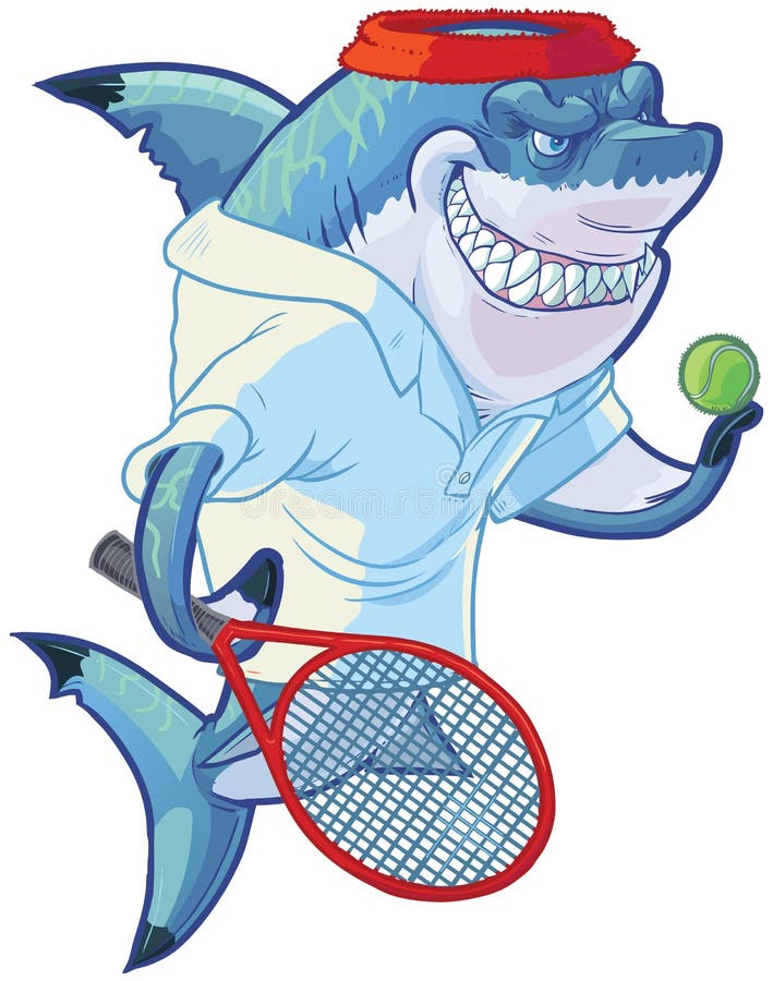 Tiburón malo del jugador de tenis de la historieta con la estafa y la bola libre illustration Tiburón malo del jugador de tenis de la historieta con la estafa y la bola libre illustration