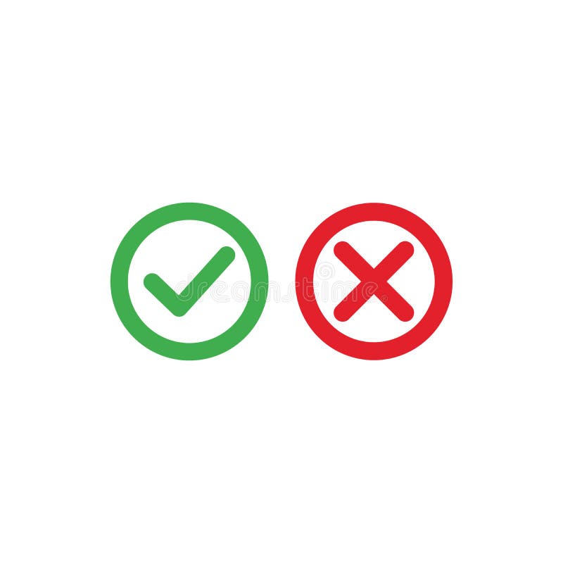 Tick and cross icons. Green checkmark OK and red X icons, Circle shape  symbols YES and NO button for vote ilustração do Stock