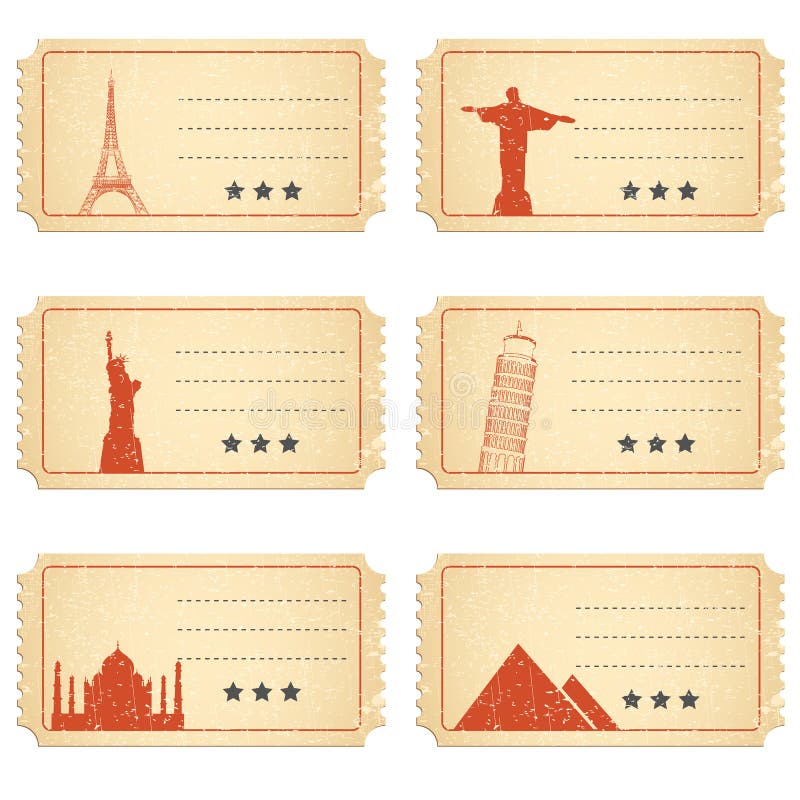 World cities post stamps. Travel postage stamp design, city attractions  postcard and town vector illustration set, Stock vector