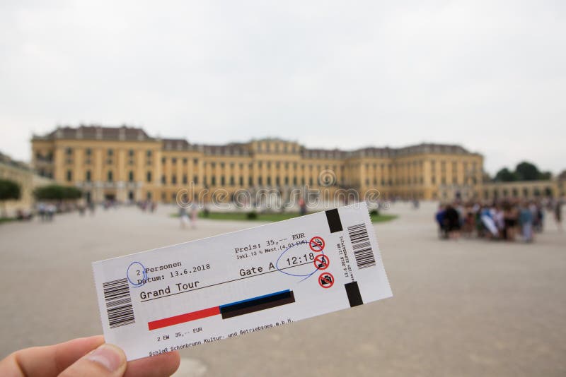Ticket for famous Schonbrunn Palace with Great Parterre garden in Vienna, Austria. NBlurred background royalty free stock photo Ticket for famous Schonbrunn Palace with Great Parterre garden in Vienna, Austria. NBlurred background royalty free stock photo