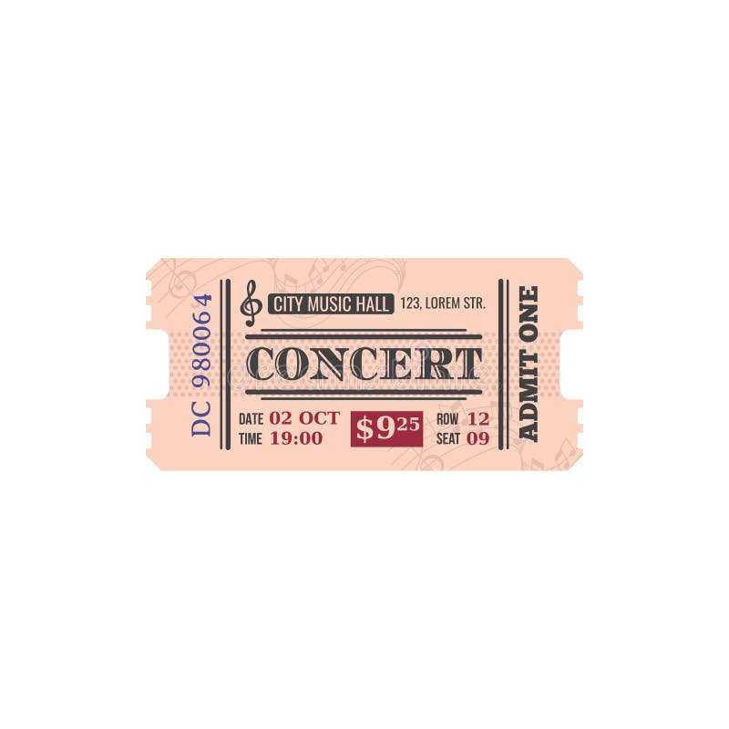 Full ticket. Retro ticket. Concert Hall vector Art. Concert vector Art.