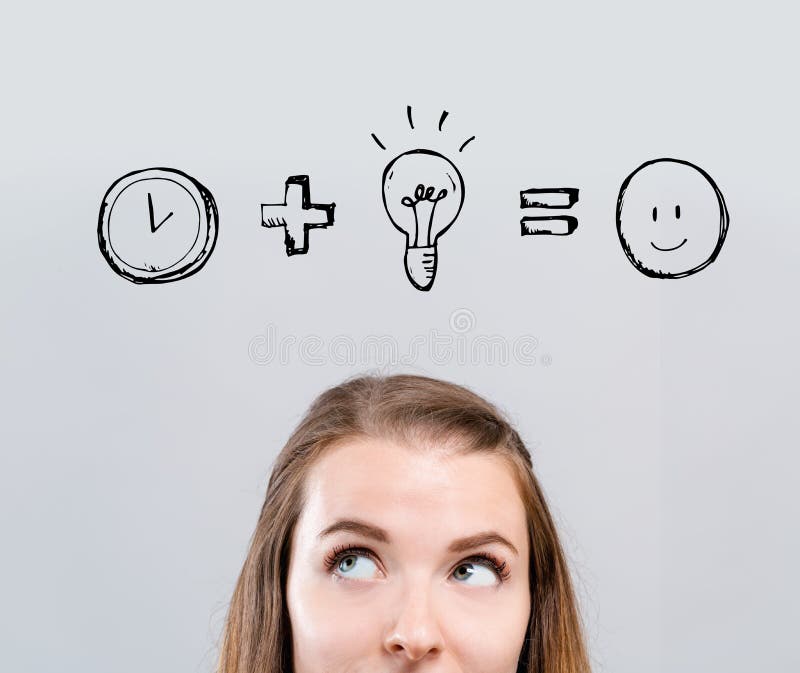 Tid plus id?j?mliken som ?r lyckliga med den unga kvinnan arkivbild Tid plus id?j?mliken som ?r lyckliga med den unga kvinnan arkivbild