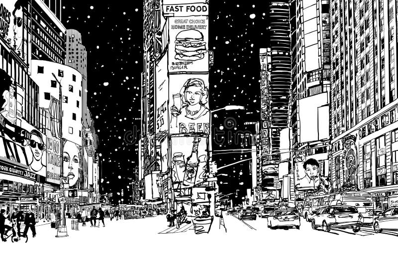 Times square under snow - vector illustration. Times square under snow - vector illustration