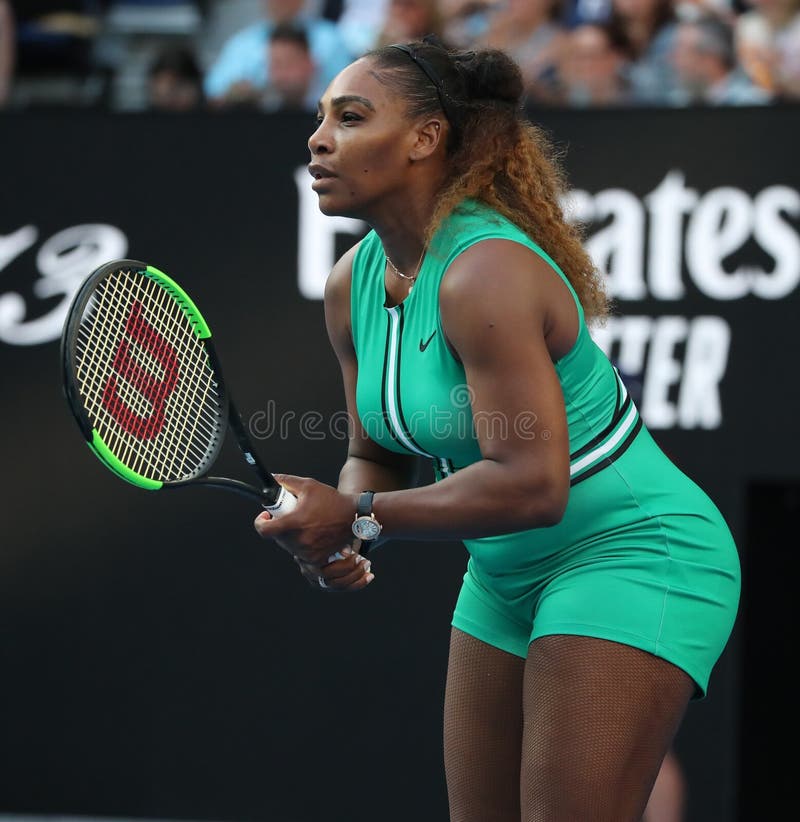 MELBOURNE, AUSTRALIA - JANUARY 21, 2019: 23-time Grand Slam Champion Serena Williams of United States in action during her round of 16 match at 2019 Australian Open in Melbourne Park. MELBOURNE, AUSTRALIA - JANUARY 21, 2019: 23-time Grand Slam Champion Serena Williams of United States in action during her round of 16 match at 2019 Australian Open in Melbourne Park