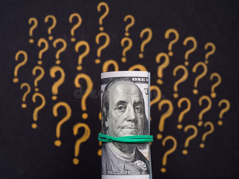 A tied stack of 100 dollar bills against a question mark background royalty free stock image