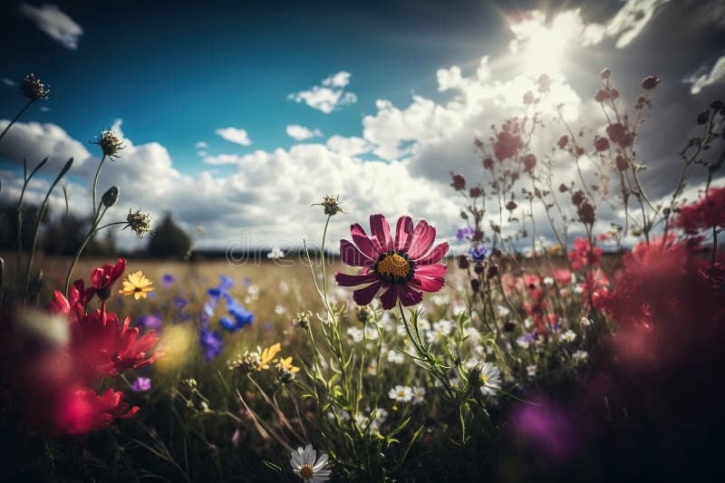 Tiefenansicht einer schönen bunten Blumenwiese bei Frühlingsgenerativen ai. Eine schöne farbenfrohe Blumenwiese mit geringer Aussicht auf die Frühlingsgenerative ai