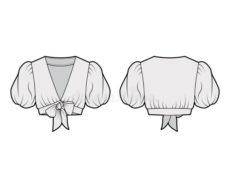 Tie-front cropped shirt technical fashion illustration with voluminous short puff sleeves, plunging neckline. Flat blouse apparel template front, back, grey color. Women, men, unisex top CAD mockup. Tie-front cropped shirt technical fashion illustration with voluminous short puff sleeves, plunging neckline. Flat blouse apparel template front, back, grey color. Women, men, unisex top CAD mockup.