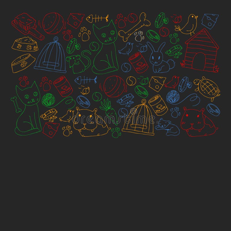 Tienda de animales Ejemplo con los animales, perro, gato, pescado, fondo colorido del vector con el gatito, p?jaro, perrito veter ilustración del vector Tienda de animales Ejemplo con los animales, perro, gato, pescado, fondo colorido del vector con el gatito, p?jaro, perrito veter ilustración del vector