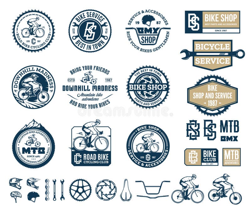 Tienda De Bicicletas, Club, Servicio, Insignias Para Ciclismo De Montaña Y  Carretera Y Elementos De Diseño Ilustración del Vector - Ilustración de  icono, silueta: 170973150