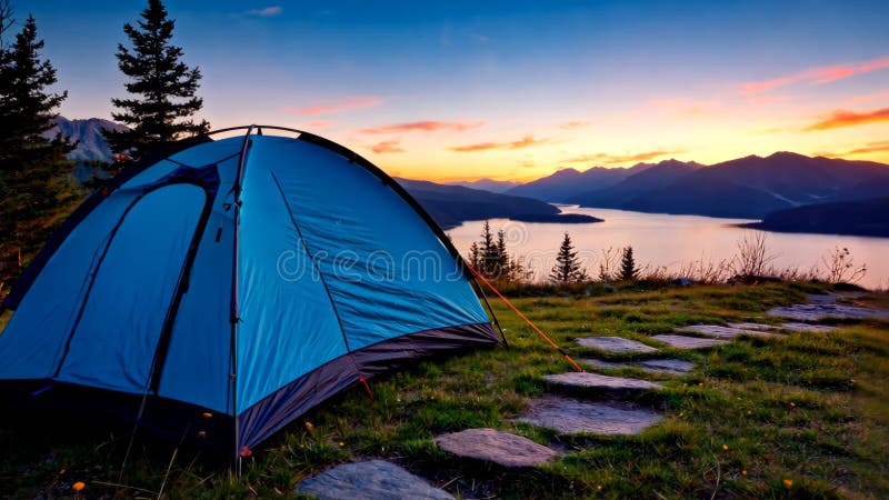 Tienda de campaña azul con vistas al lago y a las montañas al amanecer de tiro ancho ilustración del vector