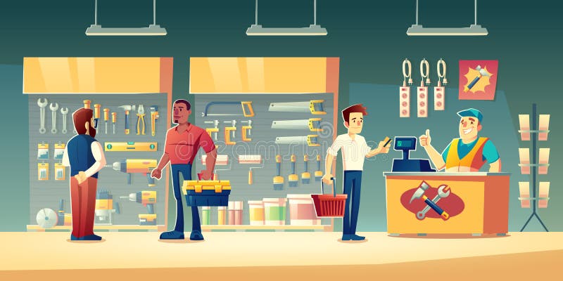 Customers in tools store, hardware construction shop buyer communicate with salesman near showcase shelves with diy instruments for carpentry works. Man pay on counter desk Cartoon vector illustration. Customers in tools store, hardware construction shop buyer communicate with salesman near showcase shelves with diy instruments for carpentry works. Man pay on counter desk Cartoon vector illustration