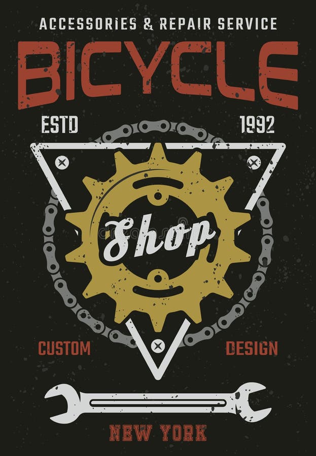 Bicycle shop and repair service vintage vector colored poster with rear sprocket, bike chain and wrench. Bicycle shop and repair service vintage vector colored poster with rear sprocket, bike chain and wrench