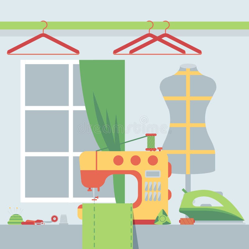 Tienda de sastre, ilustración vectorial Aseo con máquina de coser y moqueta Lugar de trabajo de costura libre illustration