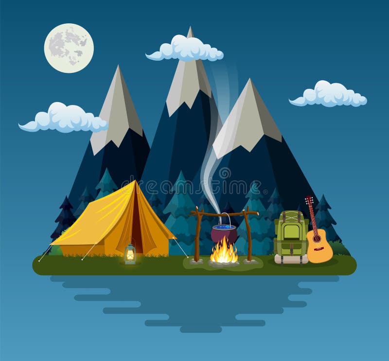Tienda, hoguera, montañas, bosque y agua libre illustration Tienda, hoguera, montañas, bosque y agua libre illustration