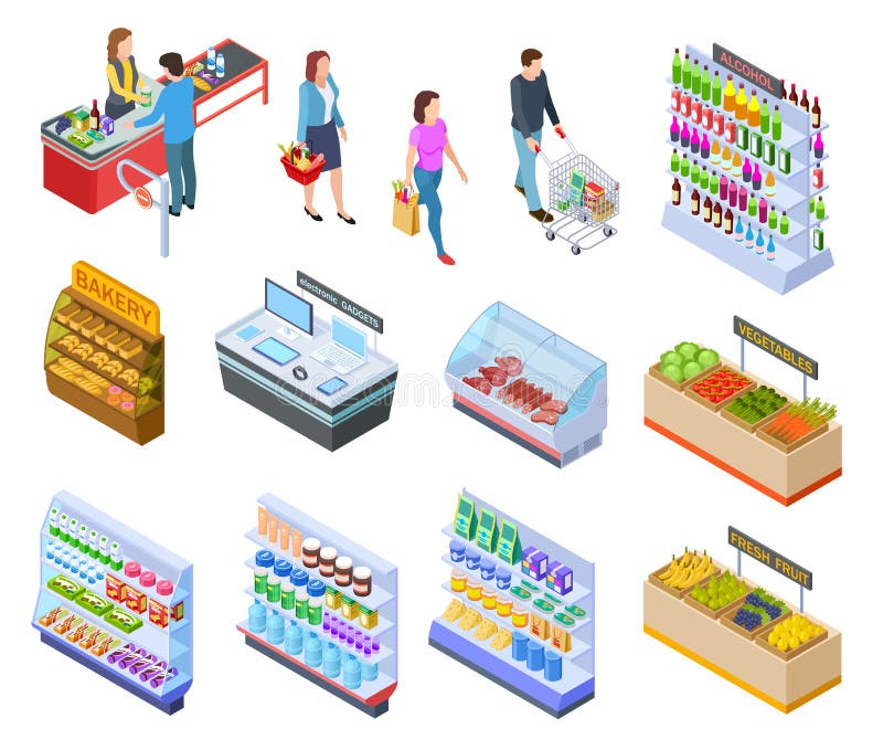 Tienda isométrica de la gente Productos del supermercado del cliente del mercado del ultramarinos que hacen compras, personas en